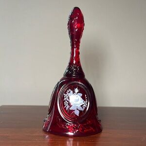 Vintage Fenton Glass Ruby Red Medallion Hand Painted White Roses Bell